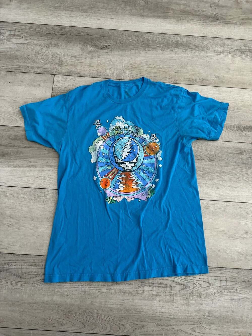 Grateful Dead Lightning Skull In The Clouds Dancing Bears T-Shirt Aqua Blue Mens